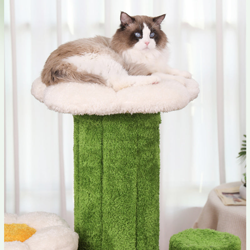 Contemporary Creative Round Oriented Strand Board Sisal Velvet Fabric Floral Cactus-Shaped Cat Tree 3-Tier For Living Room