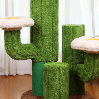 Contemporary Creative Round Oriented Strand Board Sisal Velvet Fabric Floral Cactus-Shaped Cat Tree 3-Tier For Living Room