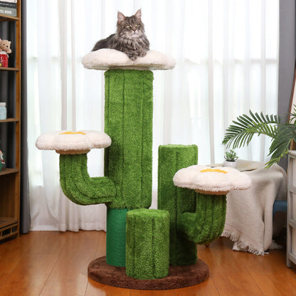 Contemporary Creative Round Oriented Strand Board Sisal Velvet Fabric Floral Cactus-Shaped Cat Tree 3-Tier For Living Room