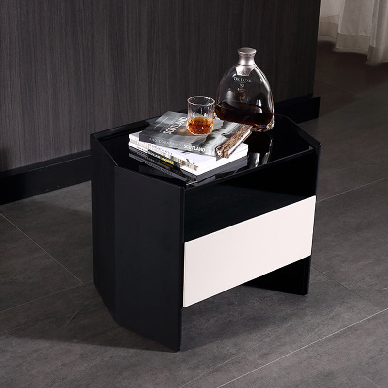 Modern Luxury Floating Dual Color Block Nightstand: Tempered Glass Top - Single Solid Wood Drawer Bedside Table For Bedroom
