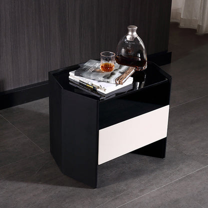 Modern Luxury Floating Dual Color Block Nightstand: Tempered Glass Top - Single Solid Wood Drawer Bedside Table For Bedroom