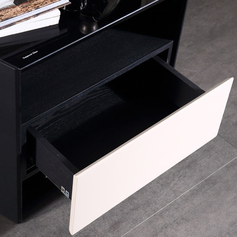 Modern Luxury Floating Dual Color Block Nightstand: Tempered Glass Top - Single Solid Wood Drawer Bedside Table For Bedroom