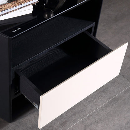 Modern Luxury Floating Dual Color Block Nightstand: Tempered Glass Top - Single Solid Wood Drawer Bedside Table For Bedroom
