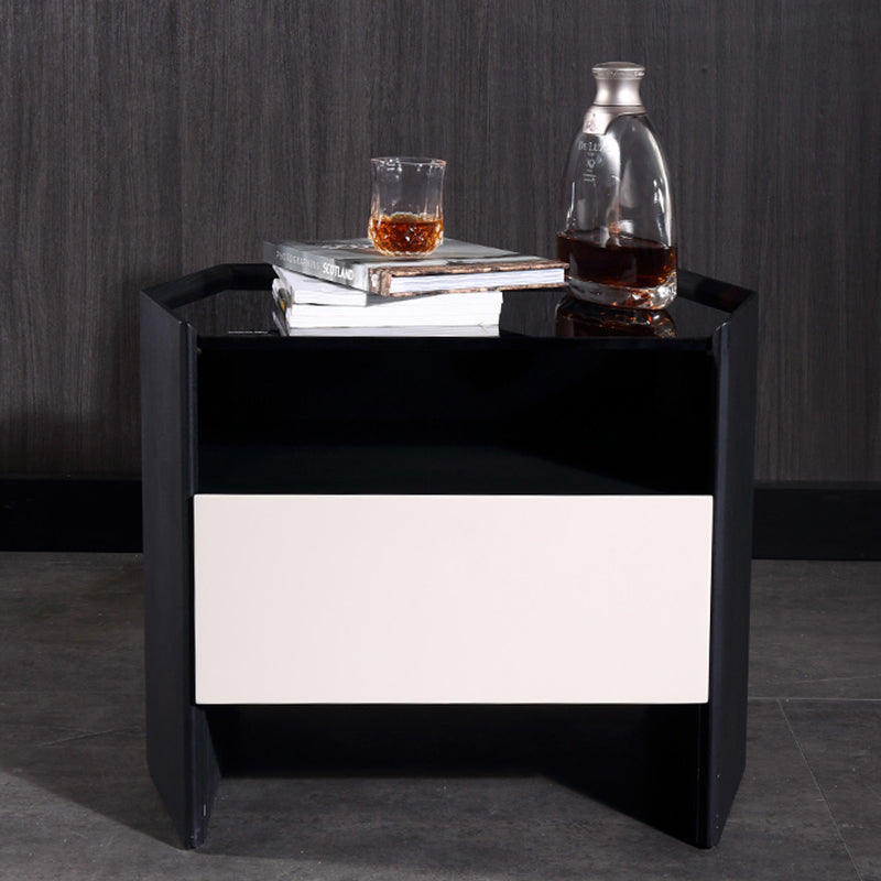 Modern Luxury Floating Dual Color Block Nightstand: Tempered Glass Top - Single Solid Wood Drawer Bedside Table For Bedroom