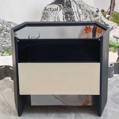 Modern Luxury Floating Dual Color Block Nightstand: Tempered Glass Top - Single Solid Wood Drawer Bedside Table For Bedroom