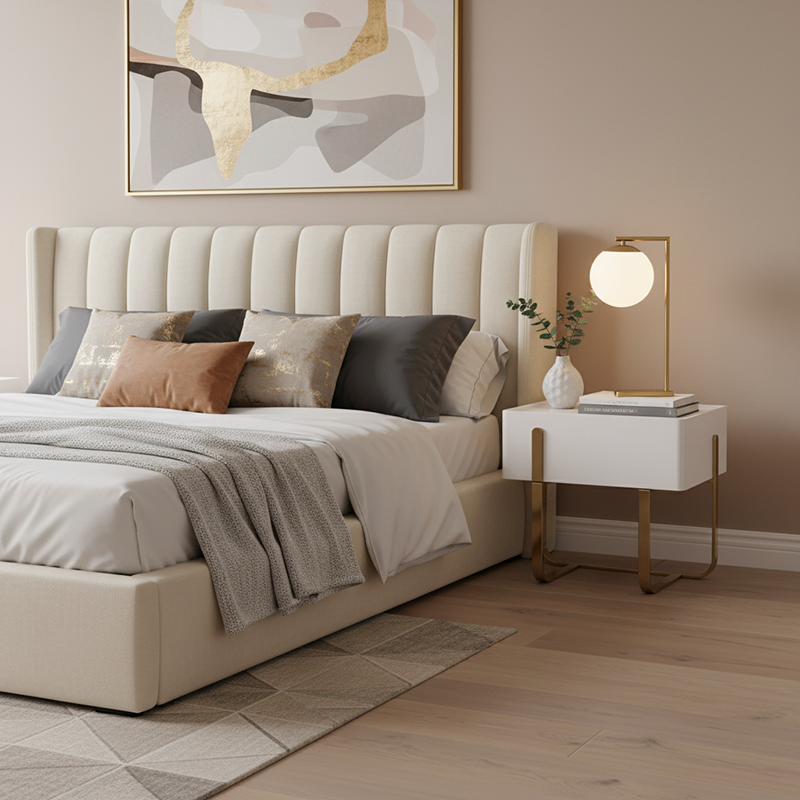 Modern Luxury Matte Beige Nightstand: Floating Design Titanium-Coated Stainless Steel-Single Drawer Bedside Table For Bedroom