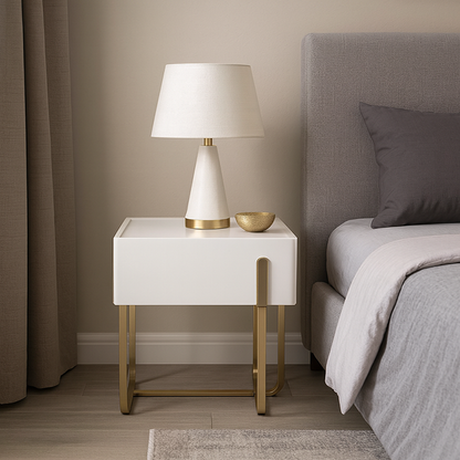 Modern Luxury Matte Beige Nightstand: Floating Design Titanium-Coated Stainless Steel-Single Drawer Bedside Table For Bedroom