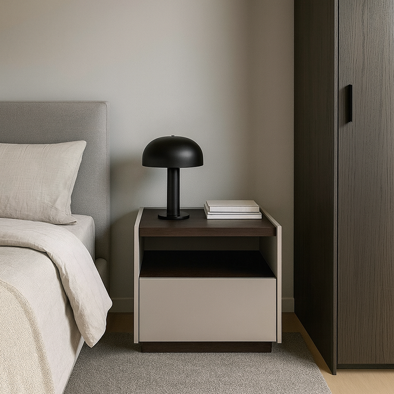 Contemporary Scandinavian Single Drawer Nightstand: Off-White Lacquered Minimalist Design - Veneered Storage Bedside Table For Bedroom