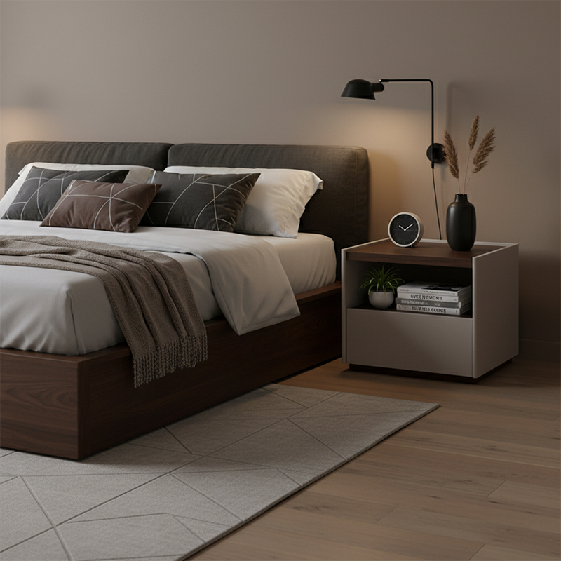 Contemporary Scandinavian Single Drawer Nightstand: Off-White Lacquered Minimalist Design - Veneered Storage Bedside Table For Bedroom