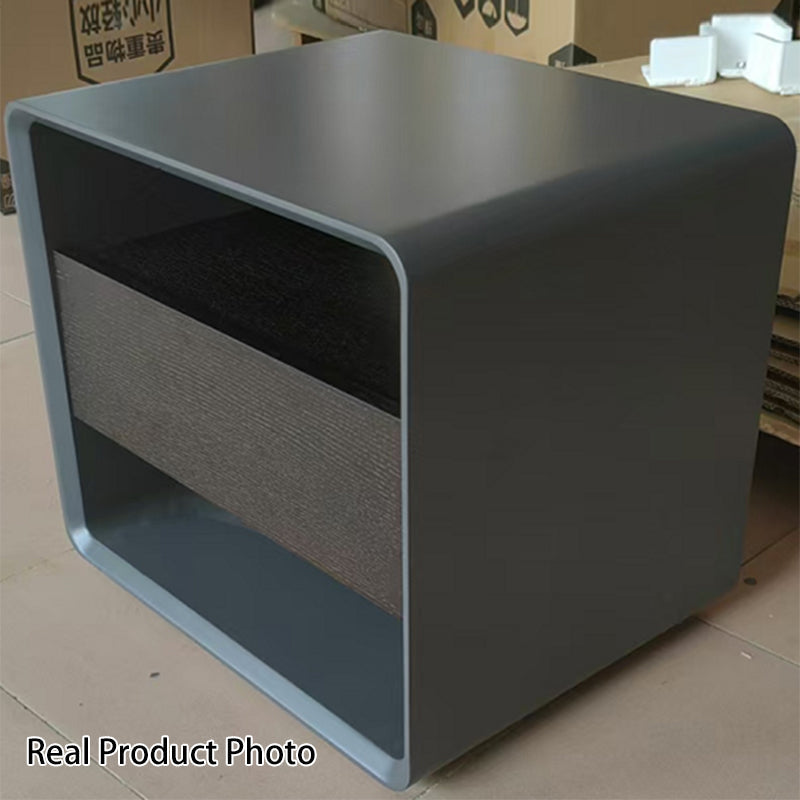 Modern Minimalist Black Lacquer Bedside Table: Wood Veneer Single Drawer - Elegant Open Cubby Storage Nightstand For Bedroom
