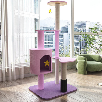 Contemporary Creative Star & Moon Theme Particle Board Velvet Fabric Sisal Multi-Functional Cat Tree 4-Tier For Living Room