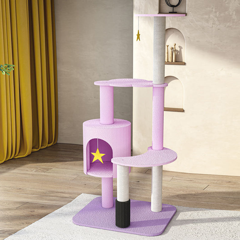 Contemporary Creative Star & Moon Theme Particle Board Velvet Fabric Sisal Multi-Functional Cat Tree 4-Tier For Living Room