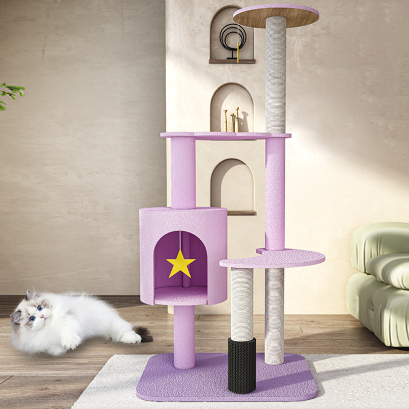 Contemporary Creative Star & Moon Theme Particle Board Velvet Fabric Sisal Multi-Functional Cat Tree 4-Tier For Living Room