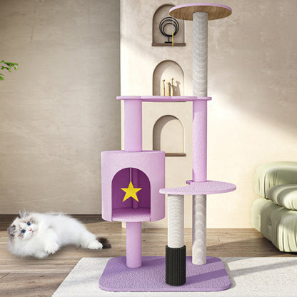 Contemporary Creative Star & Moon Theme Particle Board Velvet Fabric Sisal Multi-Functional Cat Tree 4-Tier For Living Room