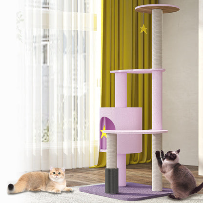 Contemporary Creative Star & Moon Theme Particle Board Velvet Fabric Sisal Multi-Functional Cat Tree 4-Tier For Living Room