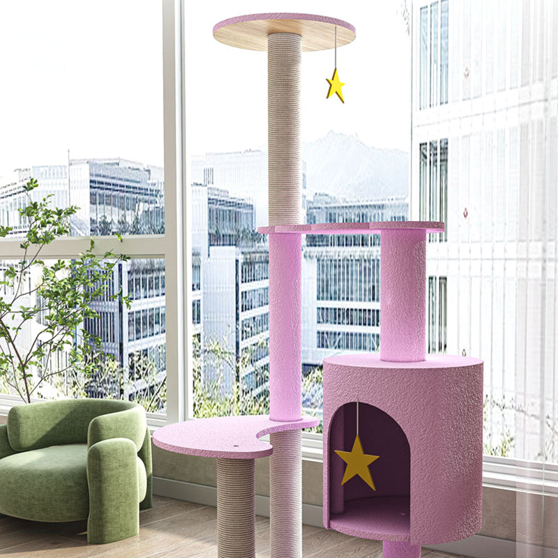 Contemporary Creative Star & Moon Theme Particle Board Velvet Fabric Sisal Multi-Functional Cat Tree 4-Tier For Living Room