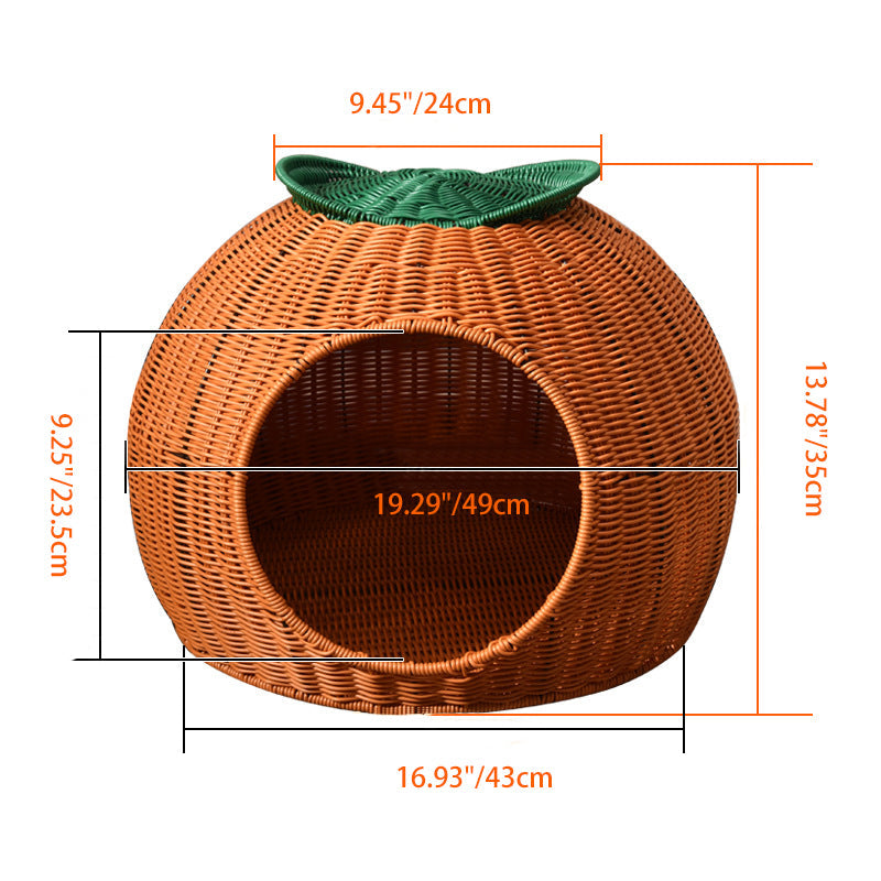 Contemporary Creative Round Orange-Shaped PP/PE Faux Rattan Velvet Fabric Handwoven Cat Bed For Bedroom & Living Room