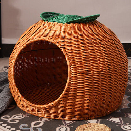 Contemporary Creative Round Orange-Shaped PP/PE Faux Rattan Velvet Fabric Handwoven Cat Bed For Bedroom & Living Room
