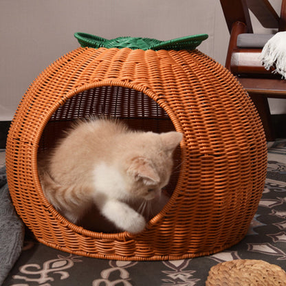 Contemporary Creative Round Orange-Shaped PP/PE Faux Rattan Velvet Fabric Handwoven Cat Bed For Bedroom & Living Room