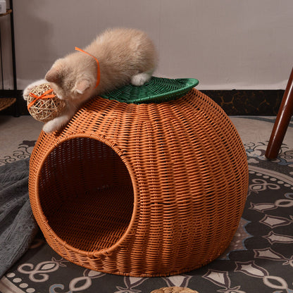 Contemporary Creative Round Orange-Shaped PP/PE Faux Rattan Velvet Fabric Handwoven Cat Bed For Bedroom & Living Room