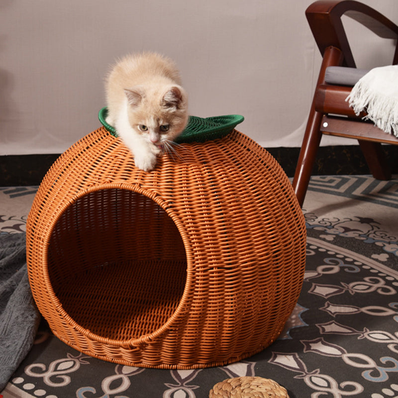 Contemporary Creative Round Orange-Shaped PP/PE Faux Rattan Velvet Fabric Handwoven Cat Bed For Bedroom & Living Room