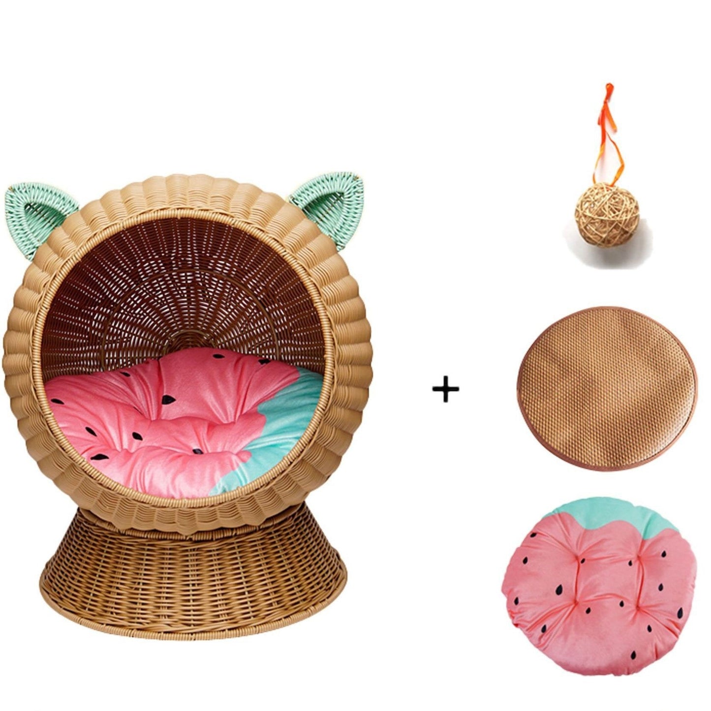 Contemporary Creative Round PP/PE Faux Rattan Fabric Handwoven Cat Ear-Shaped Cat Bed For Bedroom & Living Room