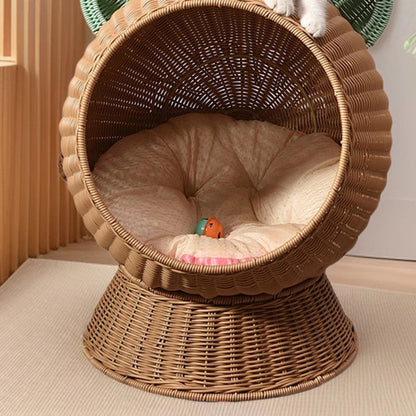 Contemporary Creative Round PP/PE Faux Rattan Fabric Handwoven Cat Ear-Shaped Cat Bed For Bedroom & Living Room