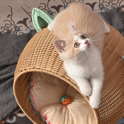 Contemporary Creative Round PP/PE Faux Rattan Fabric Handwoven Cat Ear-Shaped Cat Bed For Bedroom & Living Room