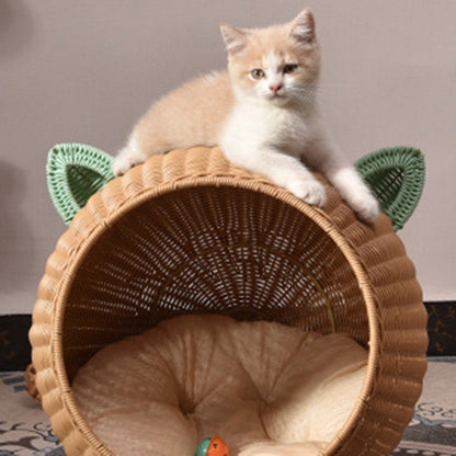 Contemporary Creative Round PP/PE Faux Rattan Fabric Handwoven Cat Ear-Shaped Cat Bed For Bedroom & Living Room