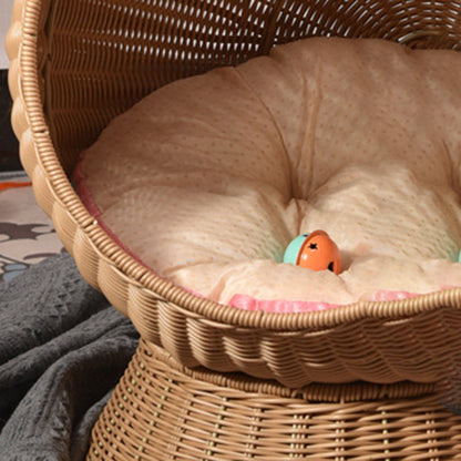 Contemporary Creative Round PP/PE Faux Rattan Fabric Handwoven Cat Ear-Shaped Cat Bed For Bedroom & Living Room