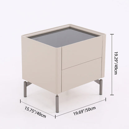 Modern Minimalist Beige Nightstand: Black Tempered Glass Top - Dual-Drawer Storage Bedside Table For Bedroom