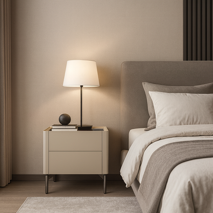 Modern Minimalist Beige Nightstand: Black Tempered Glass Top - Dual-Drawer Storage Bedside Table For Bedroom