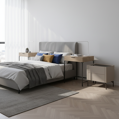 Modern Minimalist Beige Nightstand: Black Tempered Glass Top - Dual-Drawer Storage Bedside Table For Bedroom