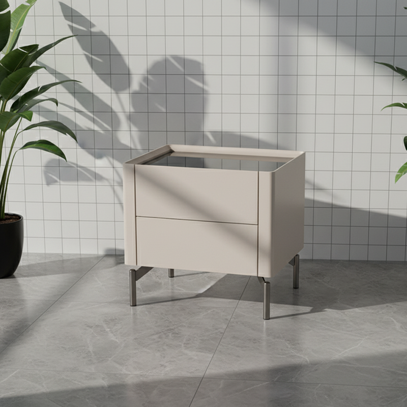 Modern Minimalist Beige Nightstand: Black Tempered Glass Top - Dual-Drawer Storage Bedside Table For Bedroom