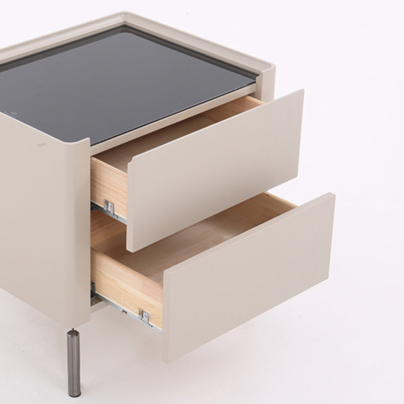 Modern Minimalist Beige Nightstand: Black Tempered Glass Top - Dual-Drawer Storage Bedside Table For Bedroom