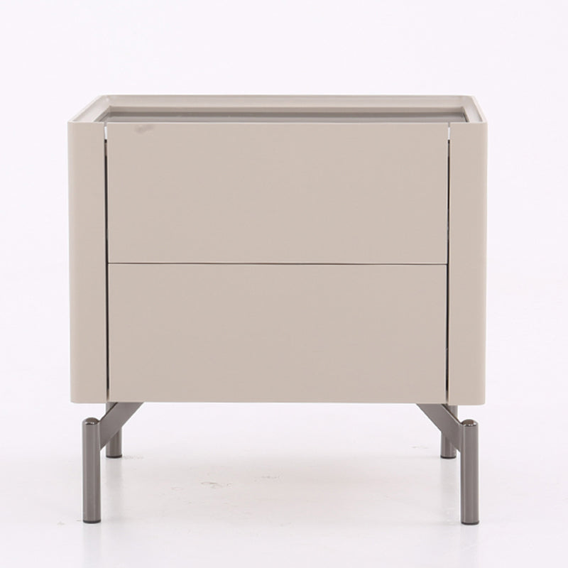 Modern Minimalist Beige Nightstand: Black Tempered Glass Top - Dual-Drawer Storage Bedside Table For Bedroom