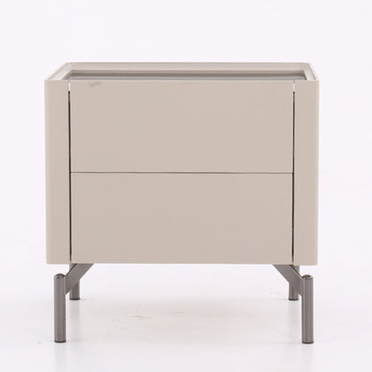 Modern Minimalist Beige Nightstand: Black Tempered Glass Top - Dual-Drawer Storage Bedside Table For Bedroom