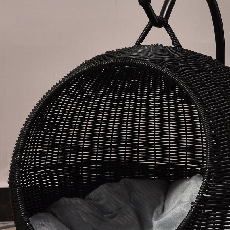 Contemporary Boho Round PP/PE Faux Rattan Iron Handwoven Hanging Basket Cat Bed For Bedroom