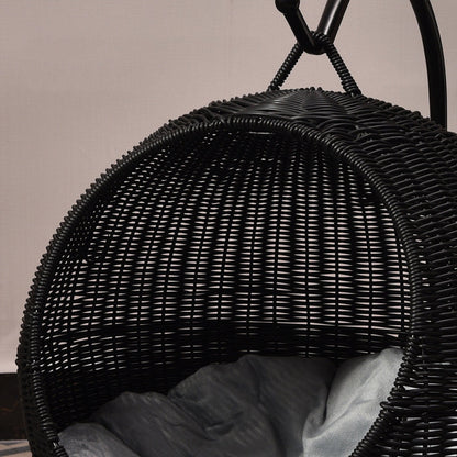 Contemporary Boho Round PP/PE Faux Rattan Iron Handwoven Hanging Basket Cat Bed For Bedroom