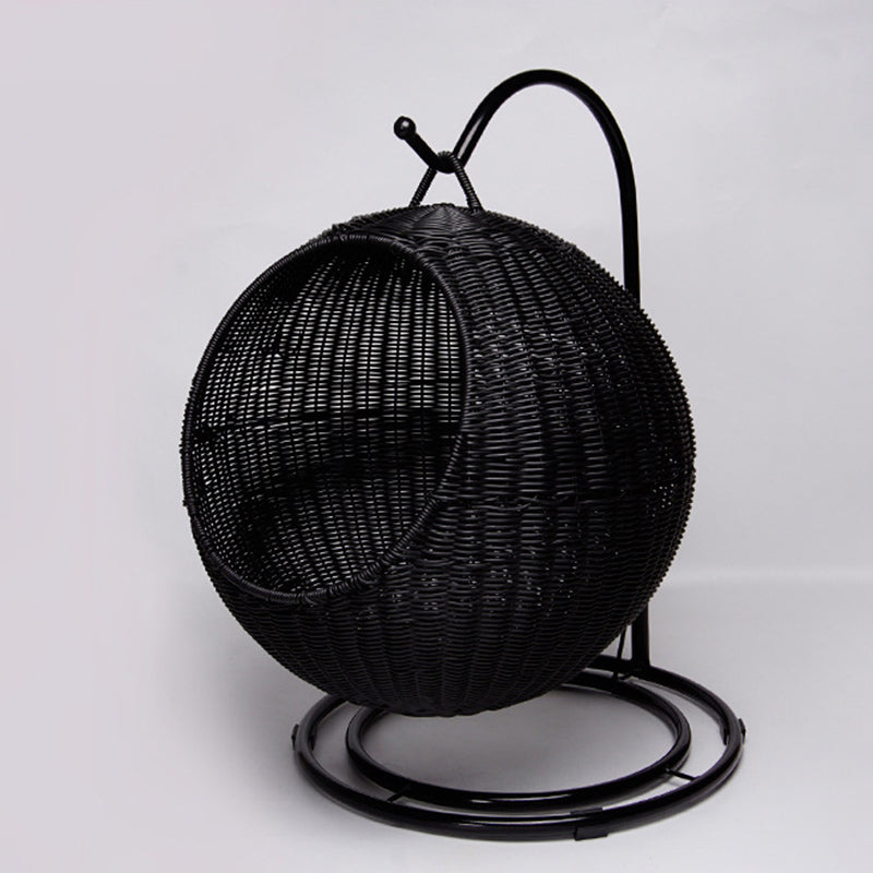 Contemporary Boho Round PP/PE Faux Rattan Iron Handwoven Hanging Basket Cat Bed For Bedroom