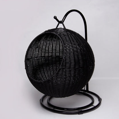 Contemporary Boho Round PP/PE Faux Rattan Iron Handwoven Hanging Basket Cat Bed For Bedroom