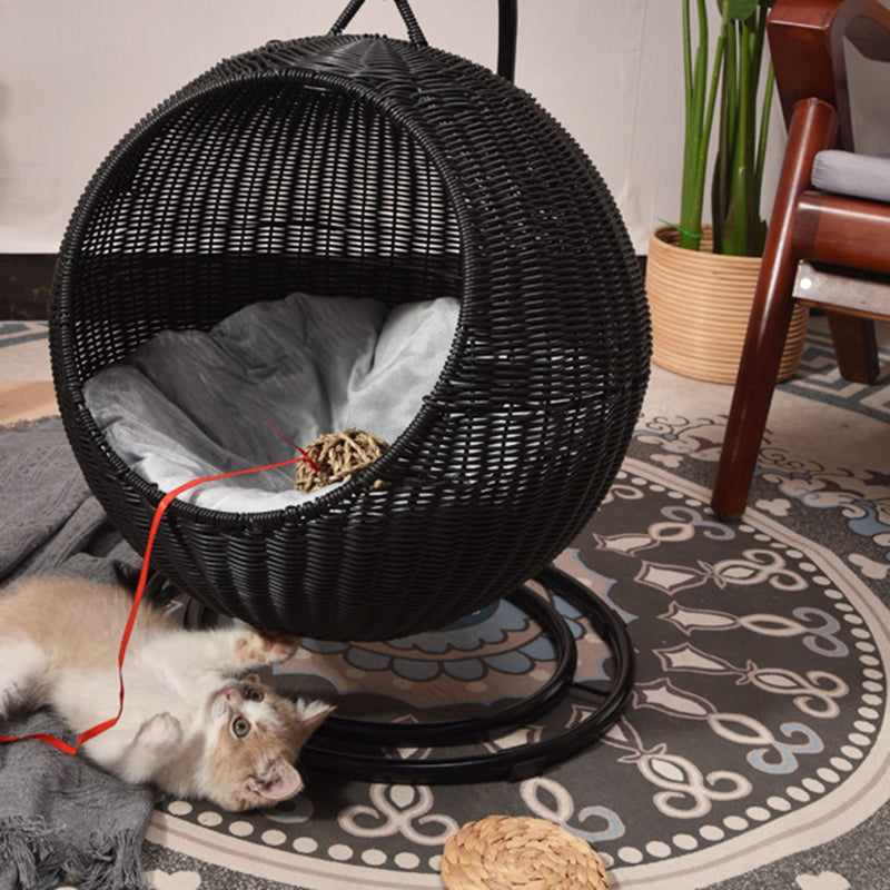 Contemporary Boho Round PP/PE Faux Rattan Iron Handwoven Hanging Basket Cat Bed For Bedroom