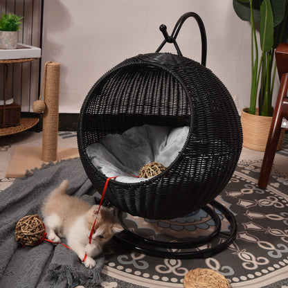 Contemporary Boho Round PP/PE Faux Rattan Iron Handwoven Hanging Basket Cat Bed For Bedroom