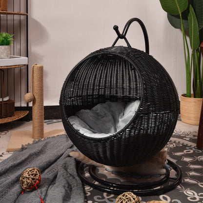 Contemporary Boho Round PP/PE Faux Rattan Iron Handwoven Hanging Basket Cat Bed For Bedroom
