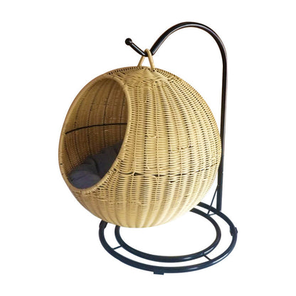 Contemporary Boho Round PP/PE Faux Rattan Iron Handwoven Hanging Basket Cat Bed For Bedroom