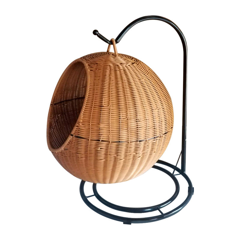 Contemporary Boho Round PP/PE Faux Rattan Iron Handwoven Hanging Basket Cat Bed For Bedroom