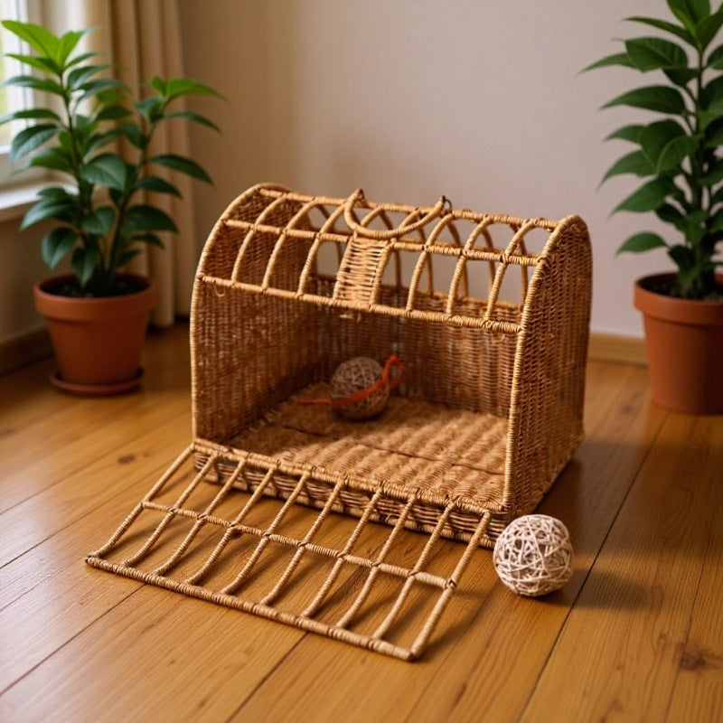 Contemporary Boho Rectangular PP/PE Faux Rattan Iron Handwoven Crab Cage-Shaped Cat Bed For Bedroom