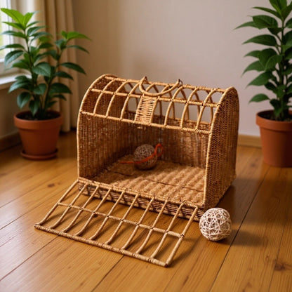 Contemporary Boho Rectangular PP/PE Faux Rattan Iron Handwoven Crab Cage-Shaped Cat Bed For Bedroom