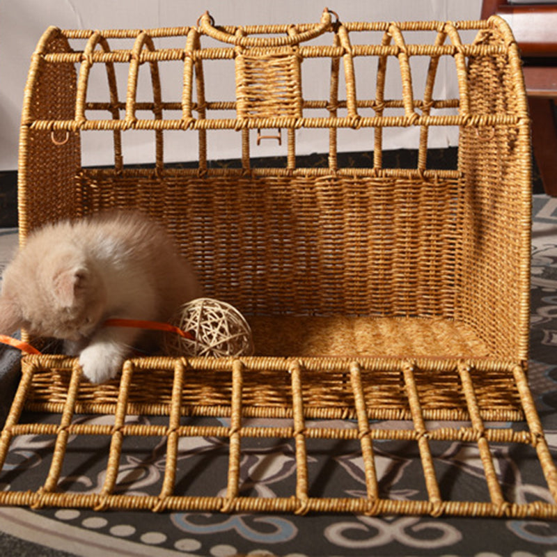 Contemporary Boho Rectangular PP/PE Faux Rattan Iron Handwoven Crab Cage-Shaped Cat Bed For Bedroom