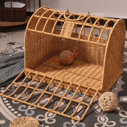 Contemporary Boho Rectangular PP/PE Faux Rattan Iron Handwoven Crab Cage-Shaped Cat Bed For Bedroom